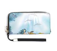 Two Mermaids Dolphins Sea Turtle Undersea World Long Clutch Wallet, Long Handbag with Removable Wristlet Strap, PU Leather Zip Purse, Credit Pass Case Card-Holder for Men Women