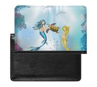 Two Mermaids Dolphins Sea Turtle Undersea World Women's Passport Protector, Men's Passport Protector, PU Travel Passport Protector for Women Men Worker 5.8 x 3.9 x 0.4 inch