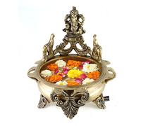 Two Moustaches Aashirwada Mudra Ganesha Design 7.5 Inches Brass Urli Bowl for Home Decor, Flower Decoration, Antique White, Standard, Pack of 1