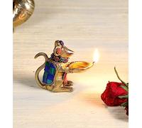 Two Moustaches Gemstone Work Brass Ganesha Mouse Holding Oil Lamp Diya, Standard, Pack of 1