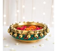 Two Moustaches Gemstone Work Brass Urli Ethnic Traditional Bowl with Bells, 6 Inches Urli, for Flowers, House Warming Gift, Decorative Material - Brass, Pack of 1 (TMP/2428S)