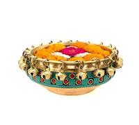 Two Moustaches Gemstone Work Brass Urli Ethnic Traditional Bowl with Bells, 6 Inches Urli, for Flowers, House Warming Gift, Decorative Material - Brass, Pack of 1 (TMP/2428S)