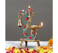 Two Moustaches Gemstone Work Ethnic Carved Peacock Design 100% Pure Brass Diya with Bell , Brass Antique Oil Lamp, Diyas for Home , Size - 8 Inches , Standard , Pack of 1