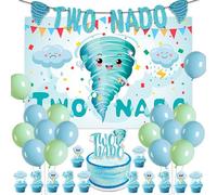 Two Nado Birthday Decorations Blue 2nd Tornado Theme Party Supplies Includes Backdrop Banner Cake Topper Cupcake Toppers Balloons 12 Guests