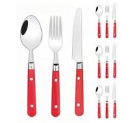 Two Nail Plastic Handle Kitchen Stainless Steel Silverware Tableware Flatware Cutlery Set Steak Knife Fork Spoon Teaspoon (Red,12 Pieces)
