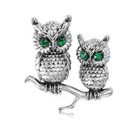 Two Owl Vintage Brooch Green Crystal Lapel Pin Wisdom Themed Nature Inspired Statement Jewelry
