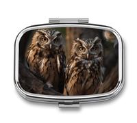 Two Owls on The Tree Pill Box - 2 Compartment Travel Pill Organizer with Small Mirror, Portable Pillcase for Pocket & Purse, Cute Square Medicine Case, Weekly Medicine Container
