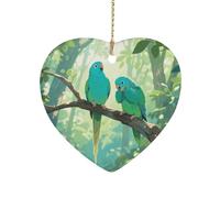 Two Parakeets Ceramic Christmas Ornaments Double Sided Porcelain Hanging Heart Pendant for Xmas Tree, Holiday Home Decor and Gift Party Decorations