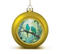 Two Parakeets Christmas Ball Ornament - 2.4 Inch Shatterproof Plastic Xmas Tree Decorations, Golden Christmas Tree Decor Hanging Ball for Holiday Wedding Party Decor