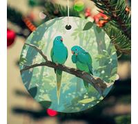 Two Parakeets Christmas Ceramic Ornaments with Gold String - 2.8 Inch Round Double-Sided Porcelain Xmas Tree Decor for Fireplace Mantel, Farmhouse Winter Holiday Hanging Ornaments