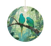 Two Parakeets Double-Sided Ceramic Christmas Ornaments - Round Hanging Mini Xmas Tree Decorations, Ideas for Farmers, Rustic Home Decor for Indoor Outdoor Tree Decor
