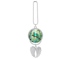 Two Parakeets Rear View Mirror Car Charms with Angel Wings Design - Elegant Hanging Pendant Ornament for Women Men, Zinc Alloy Auto Interior Decor for Cars, SUV, Truck (Silver)