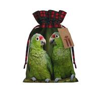 (Two Parrots On Green Palm Tree) Christmas Drawstring Gift Bags, Reusable Buffalo Plaid Drawstring Wrapping Bags For Xmas Party Supplies S