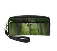 Two Parrots On Green Palm Tree Double-Sided Printed Leather Portable Makeup Pouch-Multi-Purpose Cosmetic Bag, Pencil Case and Organizer for Women