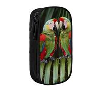 Two Parrots on Green Palm Tree Print Pencil Case, Large Capacity 2 Compartment Dual Zips Pouch, Premium Oxford Fabric Aesthetic Pencil case Stationery Organizer for Boys Girls Supplies Makeup Bag