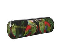 Two Parrots on Green Palm Tree Printed Leather Pencil Case Cute Stationery Organizer Round Makeup Bag Pen Pouch, Silver Zipper