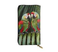 Two Parrots On Green Palm Tree Printed Leather Wallet with 12 Card Holder and 392 Money Clip, Long Clutch for Men Women