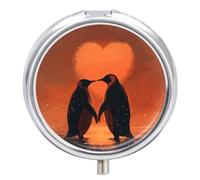 Two Penguins in Love Pill Box 3 Compartment Travel Pill Organizer 3 Times A Day Cute Mini Pill Case for Purse & Pocket Portable Metal Medicine Box with Mirror Round Daily Medicine Vitamin Container