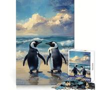 Two Penguins on A Beach Painting 1000 Piece Jigsaw Puzzles for Adults Teenagers Mind Training Serene Escape Laser Cut Nice Gift (38x52cm)