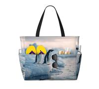 Two Penguins Print Large Waterproof Beach Tote Bag for Women with Zip and Pockets Foldable Handbag for Travel Pool Shopping Holiday Gym