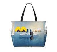 Two Penguins Print Large Waterproof Beach Tote Bag for Women with Zip and Pockets Foldable Handbag for Travel Pool Shopping Holiday Gym