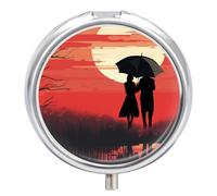 Two People Under The Umbrella Round Pill Box Travel Portable Pill Case 23 Compartment Medicine Metal Tablet Vitamin Holder Organizer for Purse Pocket