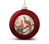 Two Phoenixes in Winter Christmas Ball Ornaments - Red Shatterproof Plastic Vintage Rustic Xmas Tree Decorations Pendant for Family Holiday Wedding Party Xmas Hanging Decoration