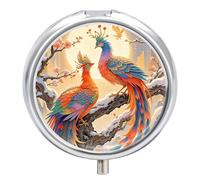 Two Phoenixes in Winter Pill Box - 3 Compartment, Round Metal Pill Case with Mirror, Portable Medicine Holder for Purse/Wallet/Travel