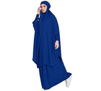 Two Piece Abaya for Women UK Muslim Prayer Dress with Khimar Hijab Set Loose Jilbab Long Robe + Prayer Maxi Skirt with Niqab Muslim Prayer Outfit Blue One Size