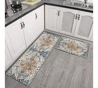 Two Piece Anti Fatigue Kitchen Rug Set Featuring Cushioned Design, Non Slip Backing, and Waterproof Polyester for Stability and Comfortable Use in Cooking Areas (Blue Boho)