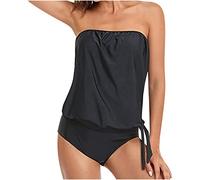 Two Piece Bandeau Swimsuits for Women Loose Fit Swim Tank Top with Shorts Swimwear Womens Blouson Tankini Tops High Waisted Swim Bottom Swimming Costume Two Piece Bandeau Bathing Suits
