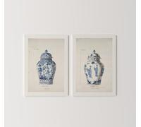 Two Piece Blue Grey Oriental Vase Posters, Set of 2 Chinoiserie Jar Watercolour Prints, French Pottery, Chinese Wall Art, Antique Home Decor