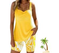 Two-Piece Body-Covering Printed Boxer Swimsuit - 2026 Women's Two-Piece Printed Bathing Suit, Backless Slim Fit Swimwear (Yellow,XL)