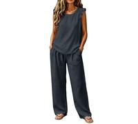 Two Piece Cotton Lounge Sets for Women Fly Flutter Sleeve Round Neck Top & High Waist Drawstring Wide Leg Pants Solid Colour Soft Travel Outfit Airport Set Women Petite Summer Beach Everyday Wear