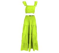 Two Piece Dress Suits for Women UK Elegant Frill Sleeve Crop Top and Elastic Waist Sexy Swing Skirt Fashion Casual Long Skirt Set Summer Floral Maxi Dress for Summer Holiday Party Vacation Green