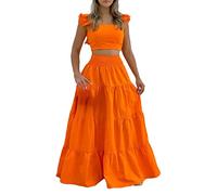 Two Piece Dress Suits for Women UK Elegant Frill Sleeve Crop Top and Elastic Waist Sexy Swing Skirt Fashion Casual Long Skirt Set Summer Floral Maxi Dress for Summer Holiday Party Vacation