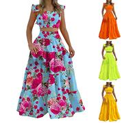 Two Piece Dress Suits for Women UK Elegant Frill Sleeve Crop Top and Elastic Waist Sexy Swing Skirt Fashion Casual Long Skirt Set Summer Floral Maxi Dress for Summer Holiday Party Vacation