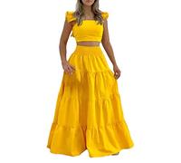 Two Piece Dress Suits for Women UK Elegant Frill Sleeve Crop Top and Elastic Waist Sexy Swing Skirt Fashion Casual Long Skirt Set Summer Floral Maxi Dress for Summer Holiday Party Vacation Yellow