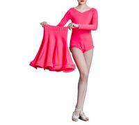Two-Piece Girls Latin Dance Skirt with Leotard, Children's Ballroom Salsa Tango Skirts, Competition Dancewear for Samba Chacha Dancing Practice Skirt,10Years,Pink