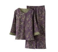 Two-Piece Japanese Pyjamas for Women Chinese-Style Hanfu Kimono Pajamas Japanese Jacquard Weave Sleepwear Trouser Suit Loungewear Sweatshirt Suit(E-Purple,XL)