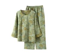 Two-Piece Japanese Pyjamas for Women Chinese-Style Hanfu Kimono Pajamas Japanese Jacquard Weave Sleepwear Trouser Suit Loungewear Sweatshirt Suit(B-Green,XL)