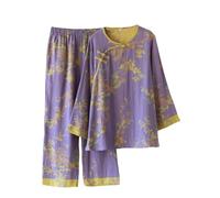 Two-Piece Japanese Pyjamas for Women Chinese-Style Hanfu Kimono Pajamas Japanese Jacquard Weave Sleepwear Trouser Suit Loungewear Sweatshirt Suit(H-Purple,XL)