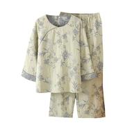 Two-Piece Japanese Pyjamas for Women Chinese-Style Hanfu Kimono Pajamas Japanese Jacquard Weave Sleepwear Trouser Suit Loungewear Sweatshirt Suit(G-Yellow,L)