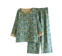 Two-Piece Japanese Pyjamas for Women Chinese-Style Hanfu Kimono Pajamas Japanese Jacquard Weave Sleepwear Trouser Suit Loungewear Sweatshirt Suit(C-Green,XL)