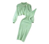 Two Piece Knitted Dress Set for Women - Pullover Top and Bodycon Midi Dress - Sweater Suspender Skirt Petite Style (02-Green, One Size)