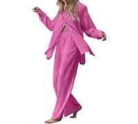Two Piece Linen Outfit Women UK Plus Size 22, Ladies Linen Co Ord Set Summer Long Sleeve Button Shirts Wide Leg Trousers Casual Comfy Lounge Wear Beach Suit Tracksuits for Going Out Holiday