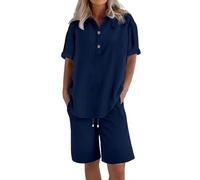 Two Piece Lounge Sets for Women Navy Casual 2 Piece Outfit V Neck Short Sleeve Top and Elastic Waist Shorts Lightweight Breathable Loungewear Daily Life Size S-5XL