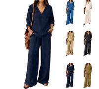 two piece lounge sets for women spring vacation beach travel Womens Two Piece Outfits Summer Elegant Teacher Tracksuits V Neck Long Sleeve Tops Pleated Trousers Matching Sets Jogging Sweatsuits