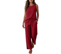 Two Piece Lounge Sets for Women Women's 2 Piece Co Ord Sets Linen Sleeveless Blouses Straight Leg Trousers Airport Travel Outfits Trouser Suits for Older Ladies Loose Lounge Wear Set Holiday Clothes
