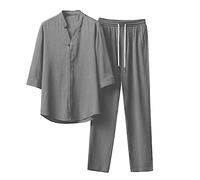 Two-piece men's linen suit, summer leisure suit, plain, 2-piece, short sleeve, button-up, stand-up collar, shirt and linen trousers, beach shirt, trousers set, gray, M